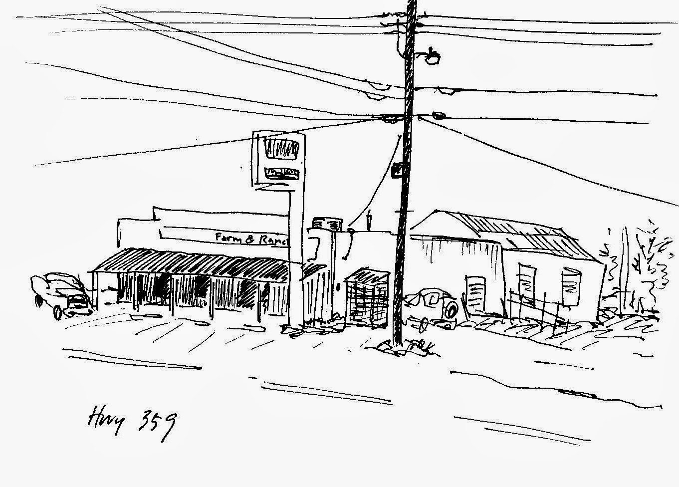 sketch by David Borden of a small country store