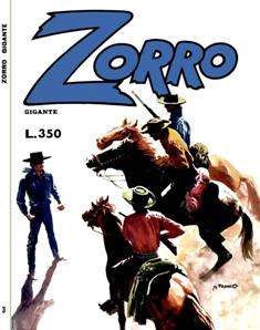 Zorro Gigante 70 (8-3) - Marzo 1976 | CBR 215 dpi | Irregolare | Fumetti | Avventura
Numero volumi : 93
Don Diego de la Vega è un giovane aristocratico che rientra nella nativa Monterrey (Los Angeles, California) con il fedele servo muto Bernardo dopo un periodo trascorso in Spagna per studiare legge e completare la sua formazione. Trova, nel 1820, una situazione assai mutata da come l'aveva lasciata, con il tallone di ferro dei militari spagnoli, agli ordini dal capitano Monastairo, in un clima di repressione e sfruttamento del popolo. Ottimo spadaccino e di animo generoso, decide di fingersi debole e smidollato per battersi contro gli oppressori sotto la nuova identità di Zorro («volpe» in spagnolo), indomito cavaliere mascherato. Lo aiuta Bernardo, che si finge anche sordo per raccogliere informazioni utili, mentre anche il padre, Don Aleandro, viene tenuto all'oscuro della doppia identità per non esporlo a rappresaglie. Spesso vittima delle prodezze di Zorro, pur senza esserne il principale obiettivo, è il grasso e pacioccone Sergente García. Completano il quadro sia nobili e popolani che cercano di resistere ai militari, sia belle fanciulle (tra queste Donna Anna Maria) che si mostrano sensibili al fascino dell'eroe mascherato. Zorro utilizza soprattutto la spada e la frusta, con pari abilità, e ama firmarsi con una «Z» ricamata della punta della sua lama.
Daniele Cerretti Editore pubblica in totale 93 numeri tra il 1969 e il 1978, con numerazione non progressiva.