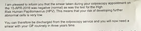 excerpt from typed letter saying smear and tests are clear