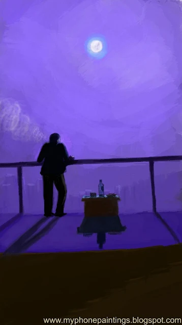 Solitude in Moonlight: Reflective Mobile Art of a Man Lost in Thought