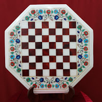 Color full Design Chess Table Top in White Marble Inlay Art