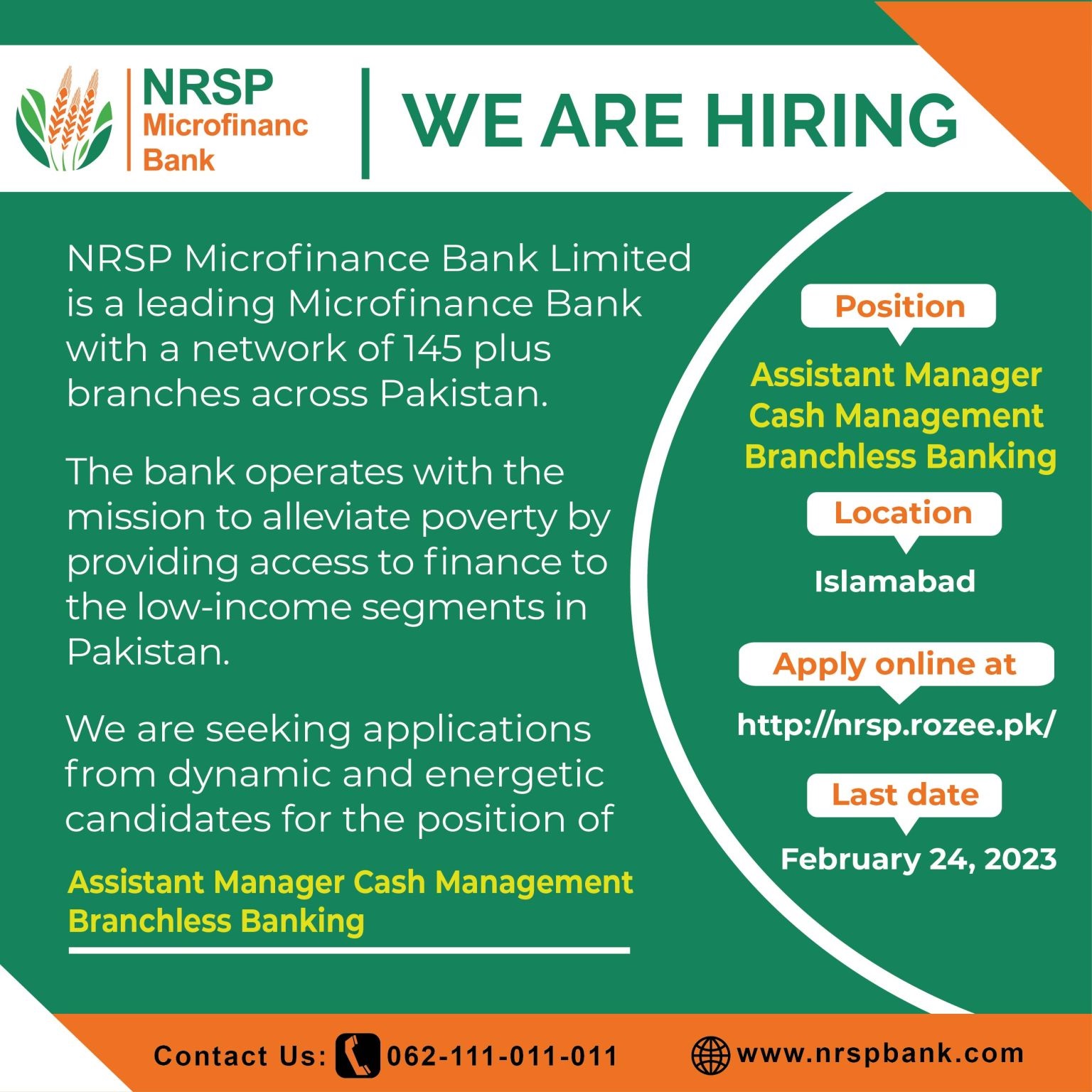NRSP Microfinance Bank Ltd Jobs For “Assistant Manager Cash Management – Branchless Banking”.