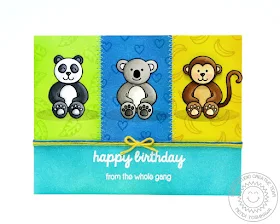 Sunny Studio: Happy Birthday From the Gang Monkey, Koala Bear & Panda card by Mendi Yoshikawa (using Comfy Creatures stamps)