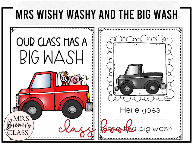 Mrs Wishy-Washy and the Big Wash book activities unit with literacy printables, reading companion activities, comprehension worksheets, and lesson ideas for Kindergarten and First Grade