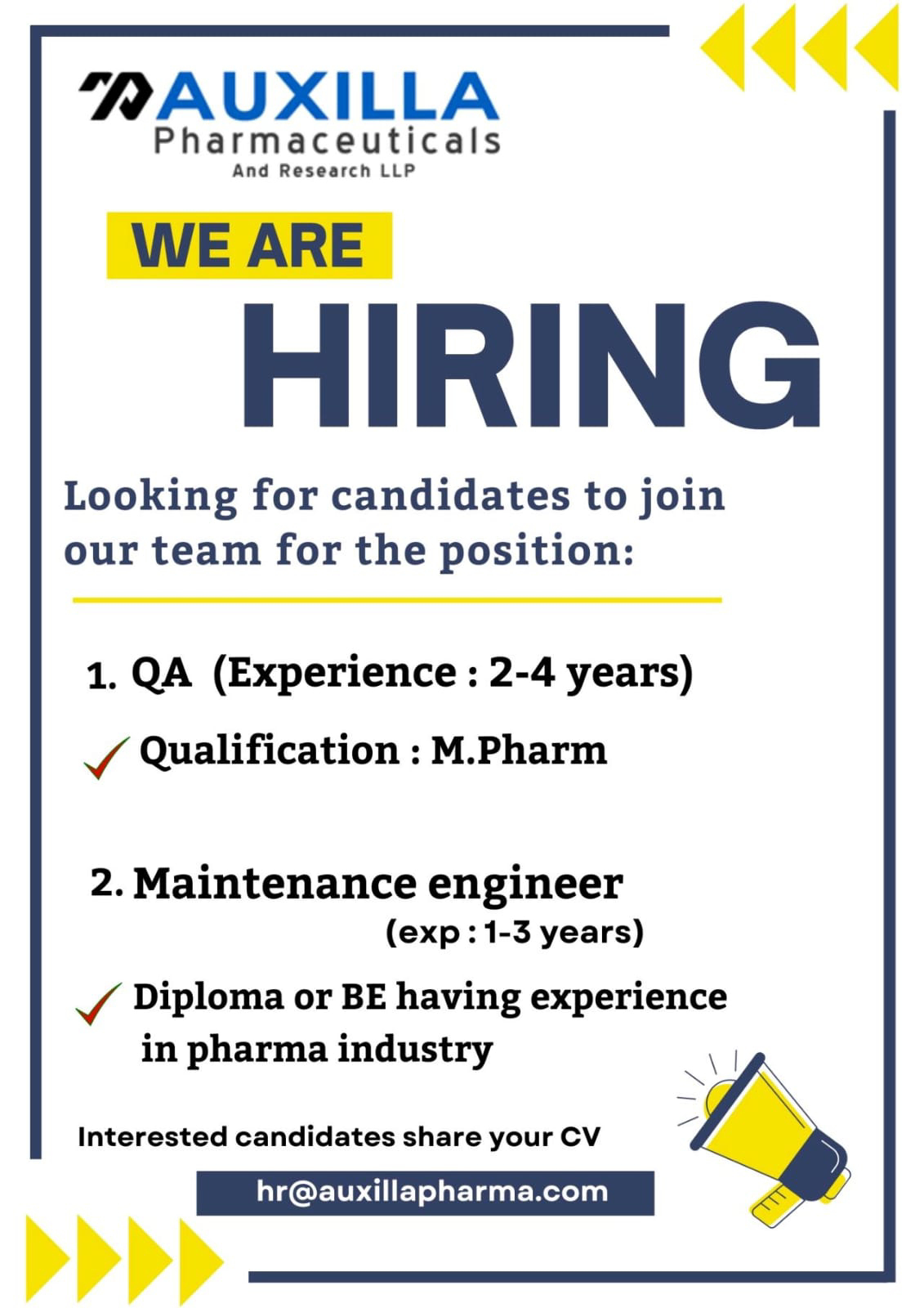 Job Available's for Auxilla Pharmaceuticals And Research LLP Job Vacancy for Diploma/ BE/ M Pharm