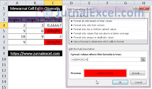 Cara Mewarnai cell Error di Excel - JurnalExcel.com