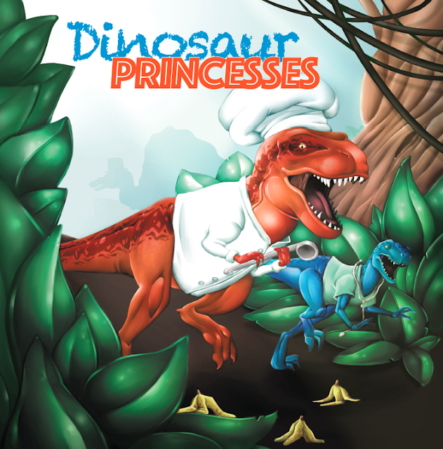 A t-rex and smaller dinosaur storm through the jungle in doctor outfits while avoiding banana peels. Text "Dinosaur Princesses"