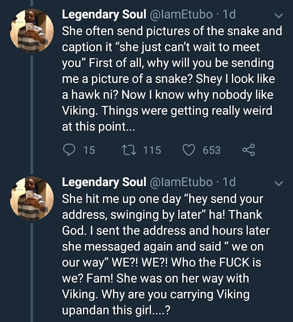  Nigerian man narrates hilarious experience he had with his oyibo girlfriend and her pet snake