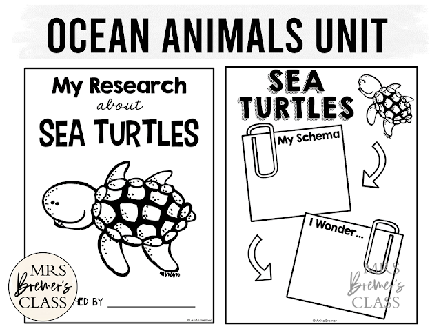 Ocean Animals theme study unit featuring 10 sea creatures with information charts, posters, and project worksheets templates for First Grade Second Grade Third Grade