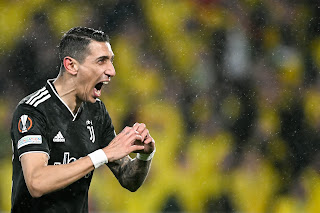Argentine winger, Angel Di Maria, celebrates after scoring. He scores a hat-trick for Juventus in the Uefa Europa League match against Nantes on Thursday 23 February, 2023