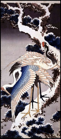 Hokusai - Cranes on pine covered by snow (1833)