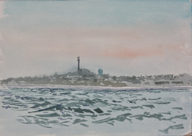 Watercolor sketch of Provincetown, MA from across Cape Cod Bay, silhouetted against setting sun