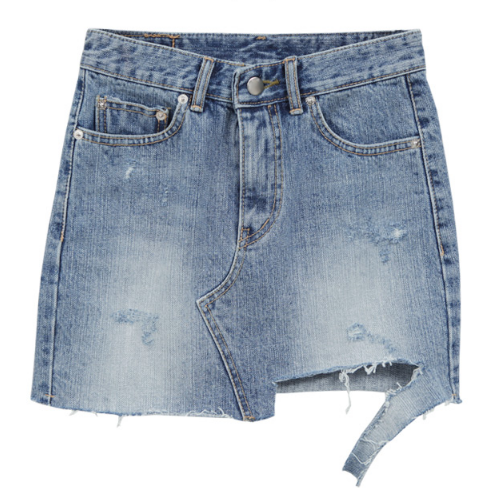 Asymmetrical Raw Hem Washed Denim Skirt