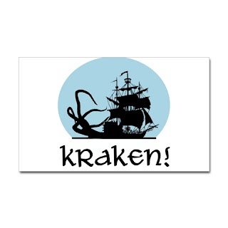 Great Kraken t-shirt featuring a pirate ship like the Black Pearl and a huge tentacled monster rising from the deep.