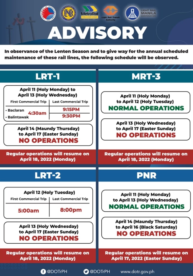 Train schedule for Holy Week 2022.