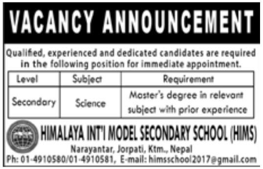 Science Teacher Vacancy Kathmandu