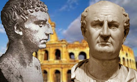 Busts of Flavius Josephus and Vespasian in front of the Roman Coliseum