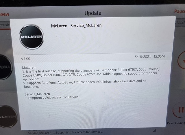 McLaren, Service McLaren V1.00 software update