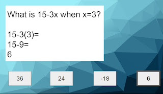 Correct answer is 6: What is 15-3x when x=3?  15-3(3)= 15-9= 6