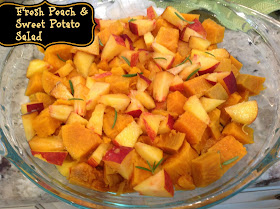 Pyrex glass pie plate filled with cooked chopped sweet potato, and peaches