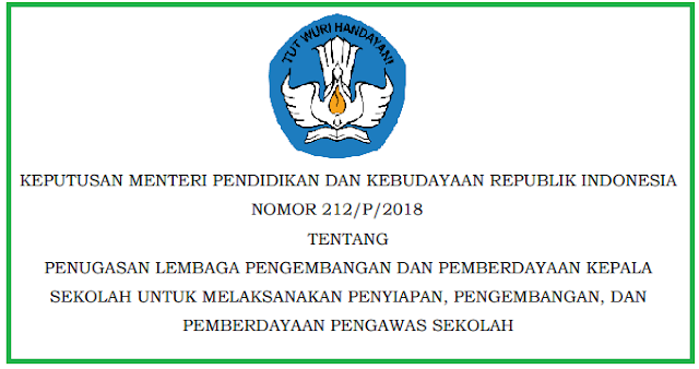 Menteri Pendidikan dan Kebudayaan Republik Indonesia Keputusan Mendikbud Nomor 212/P/2018 Tentang Penugasan LP2KS Untuk Melaksanakan Pemberdayaan Pengawas Sekolah