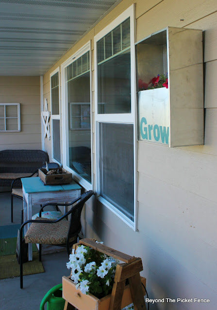 front porch, planter, metal, grow, junk garden, http://bec4-beyondthepicketfence.blogspot.com/2015/06/project-challenge-metal.html