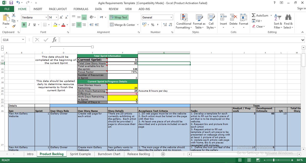 Agile requirements template excel