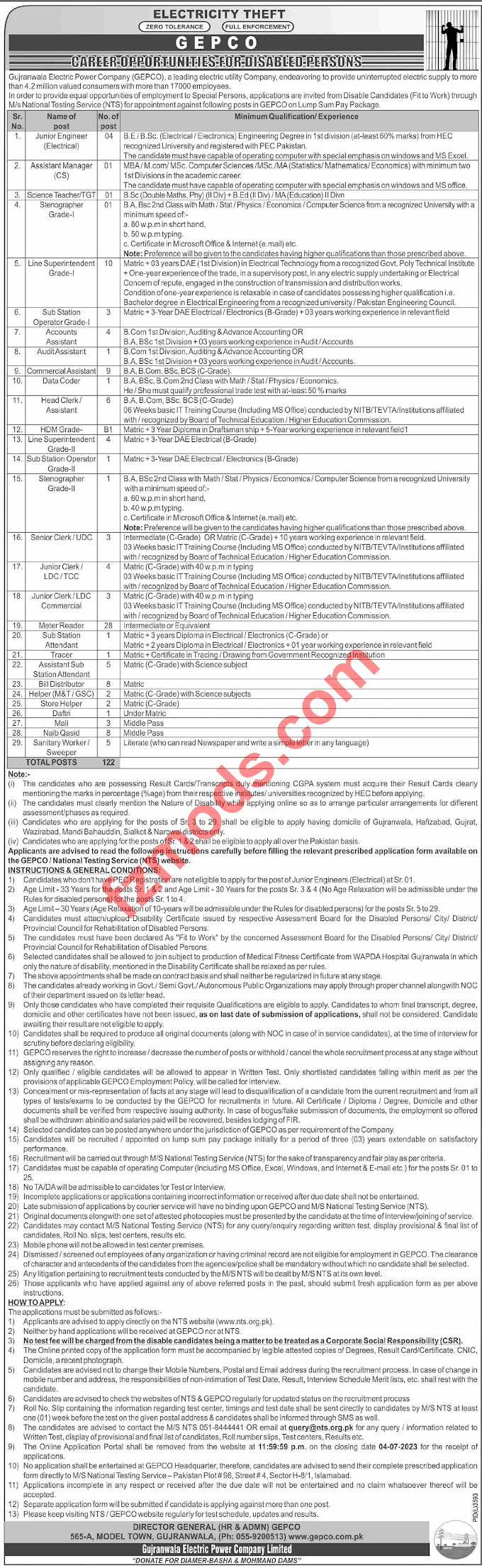 GEPCO Management Jobs 2023 Via NTS Gujranwala