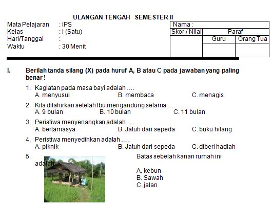 Download Contoh Soal SD/MI Kelas I Mata Pelajaran IPS Semester 2 Format Microsoft Word