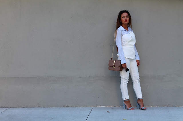 white pants, white suite, summer layering, how to layer in the summer, summer outfit, toronto blogger, valentino rockstud, pastel blue sandals, block heel sandals, schutz block heel sandal, best summer outfit, how to wear white pants