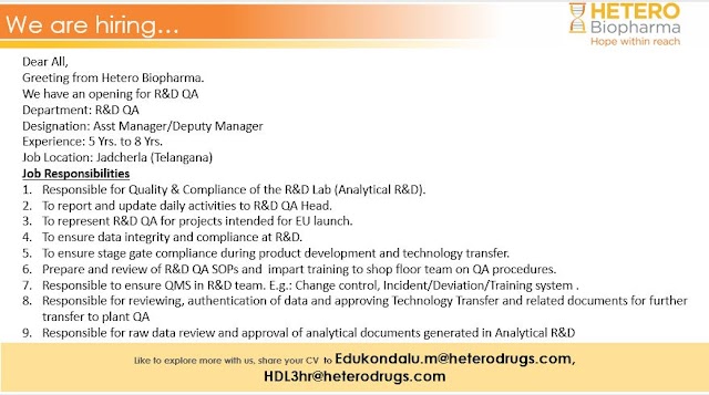 Hetero Biopharma | Urgent opening for R&D QA at Hyderabad | Send CV