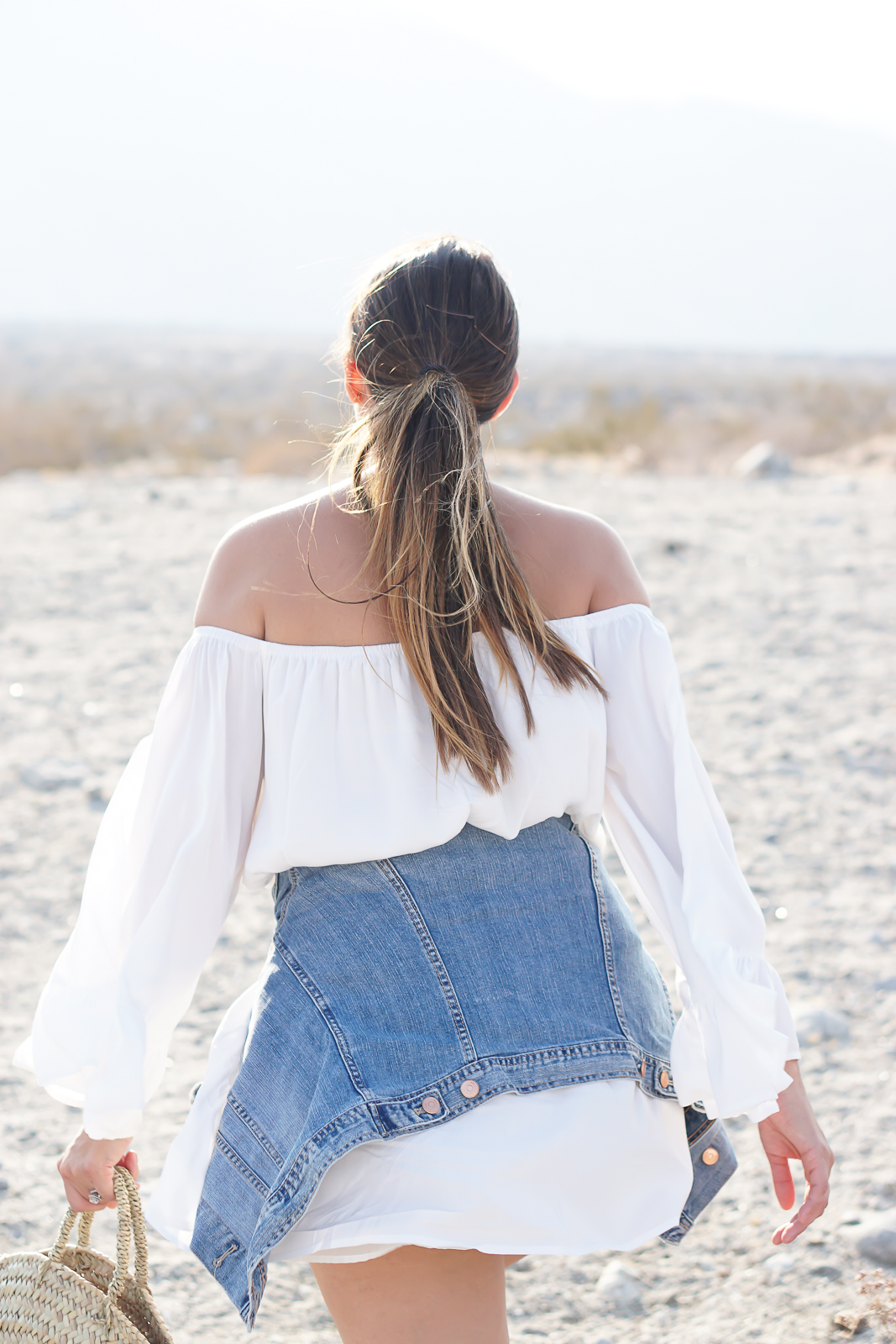 Fashion, SheIn Review, Travel, SheIn White Off the Shoulder Dress, H&M Jean Jacket, Palm Springs Desert, Desert Photography, Desert Fashion Photography, Quay x Desi Perkins Sunglasses, Quay Australia High Key Sunglasses, Round Large Wicker Basket Bag, French Baskets, Zara Nude Wedges