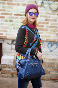 aztec print colorful cardigan, Oakley mirror sunglasses, Balenciaga City, Fashion and Cookies, fashion blogger