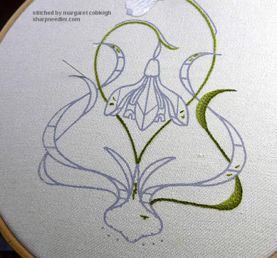 Galanthus Collector (crewel embroidery): right hand lower leaf completed with chain stitched shading