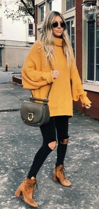 fall street style / yellow oversized sweater + crosbody bag + black rips + brown boots