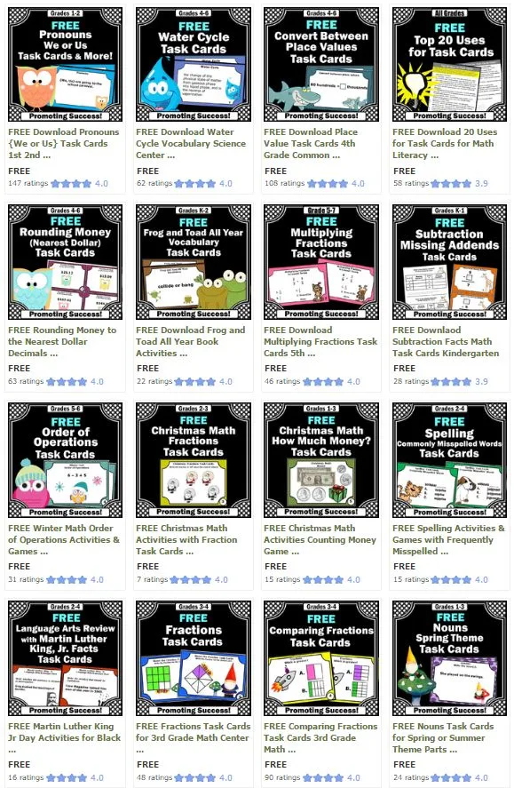  free math science literacy ELA ESL task cards games