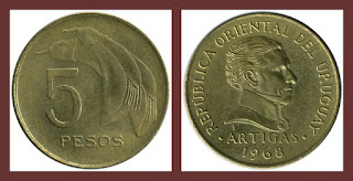 U38 URUGUAY 5 PESOS COIN XF 1968