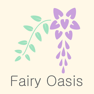 [Image Description] The Fairy Oasis logo.  A cream or cosmic latte colored background with a simple art wisteria flower and vine created with repeated shapes.  Light purple petals and green vine and leaves.  Fairy Oasis written in smooth edged letters across the bottom.  