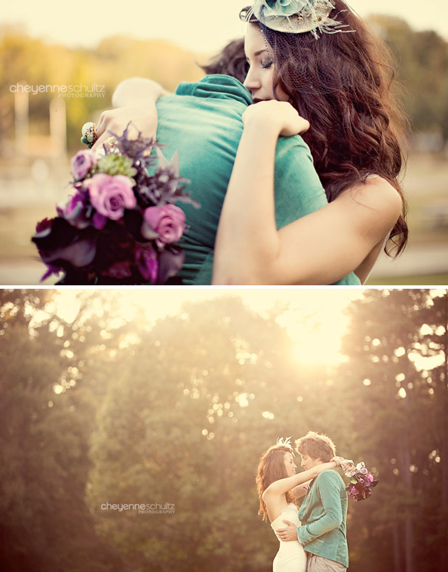 bride and groom teal suit jacket purple bouquet