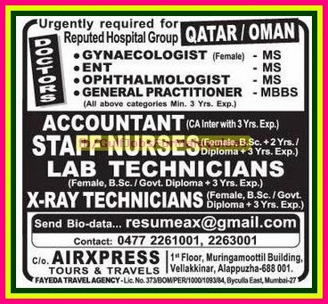 Urgent Job Vacancies for reputed Hospital Group in Qatar or Oman