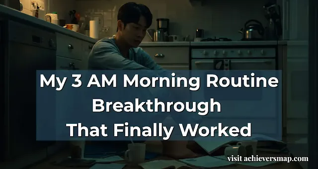 A Korean man in his 30s sitting on the kitchen floor at 3 AM, wearing pajamas, surrounded by coffee cups and scattered notes, looking deep in thought under warm ambient light