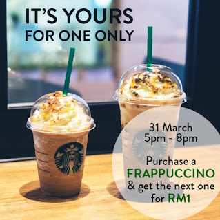 Starbucks Malaysia Promotion with Purchase a Frappuccino and get the next Frappuccino at only RM1 (31 March 2017)
