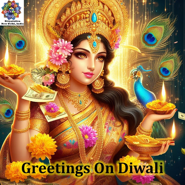 Goddess Lakshmi with diyas, flowers, peacock feathers, flow of wealth, gold money flowing out of her hand, beautiful open eyes and face and fair complexion for Diwali