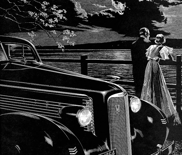 a 1937 Irwin Smith illustration, black car couple at night