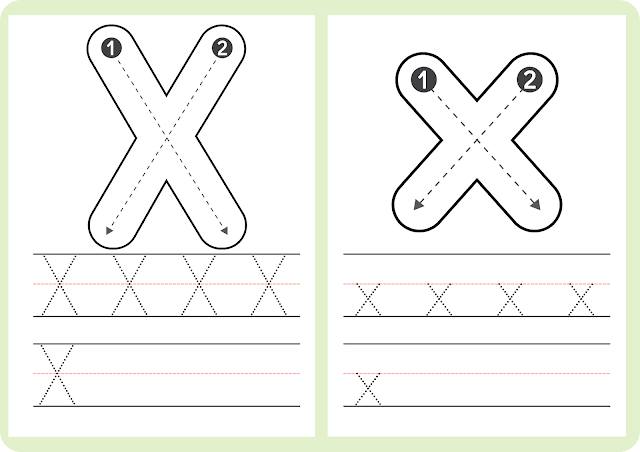 How to write the letter X - Printable A to Z handwriting worksheets