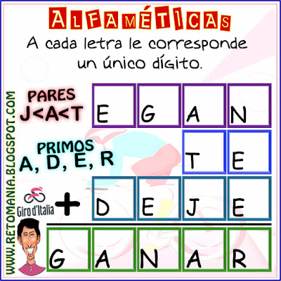 Alfamética, Criptoaritmética, Criptosuma, Criptograma, Suma de Palabras, Juego de palabras, Desafíos matemáticos, Retos matemáticos, Problemas matemáticos, Acertijos, Acertijos numéricos, Problemas de matemáticas