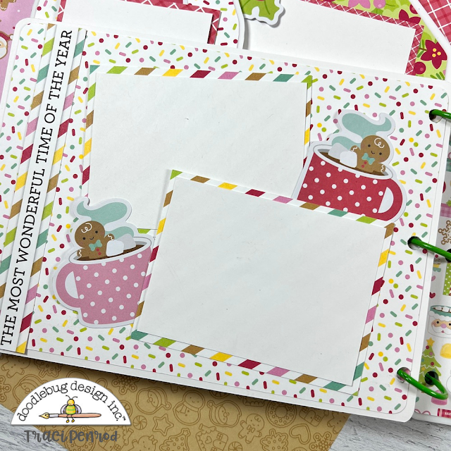 Christmas House Shaped Scrapbook Album page with mugs of hot cocoa, gingerbread, and sprinkles