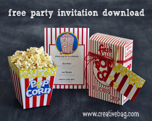 free popcorn themed party invitation download by Lorrie Everitt for Creative Bag's Blog