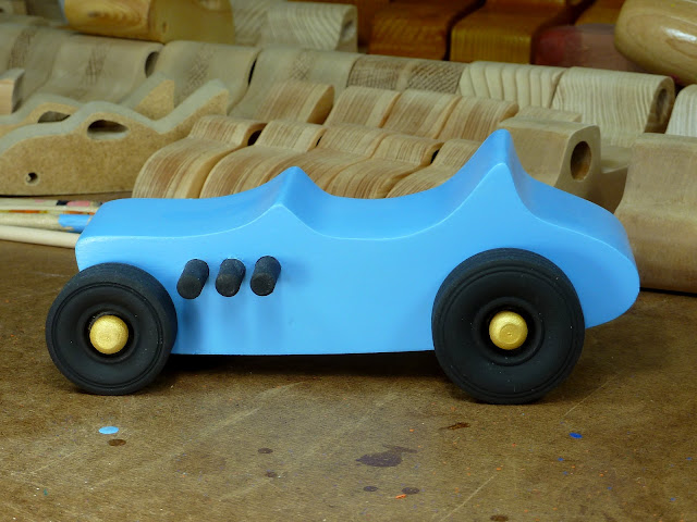 Left Side - Wooden Toy Car - Hot Rod Freaky Ford - 27 T Bucket - MDF - Blue - Black - Gold