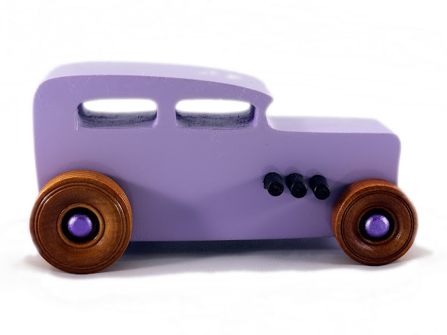 Wood Toy Car, Hot Rod 32 Sedan, Handmade and Painted  with Lavender,  Metallic Purple, Black Acrylic, and Amber Shellac